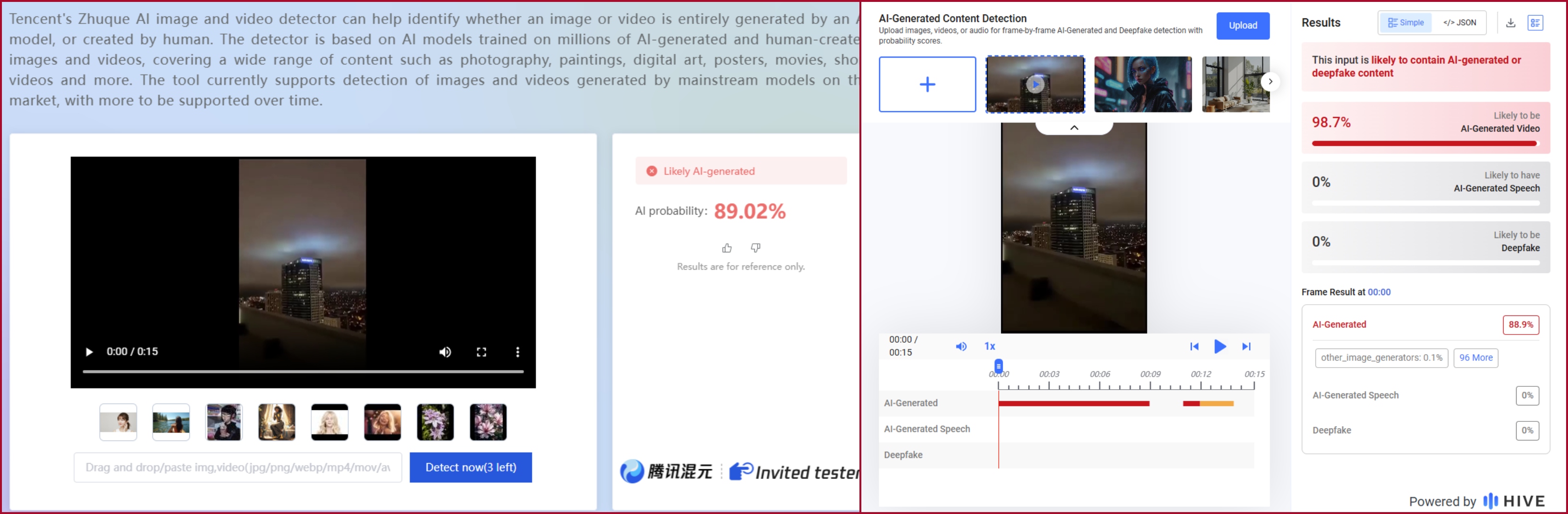 نتيجة فحص الفيديو في مواقع متخصصة بكشف التزييف