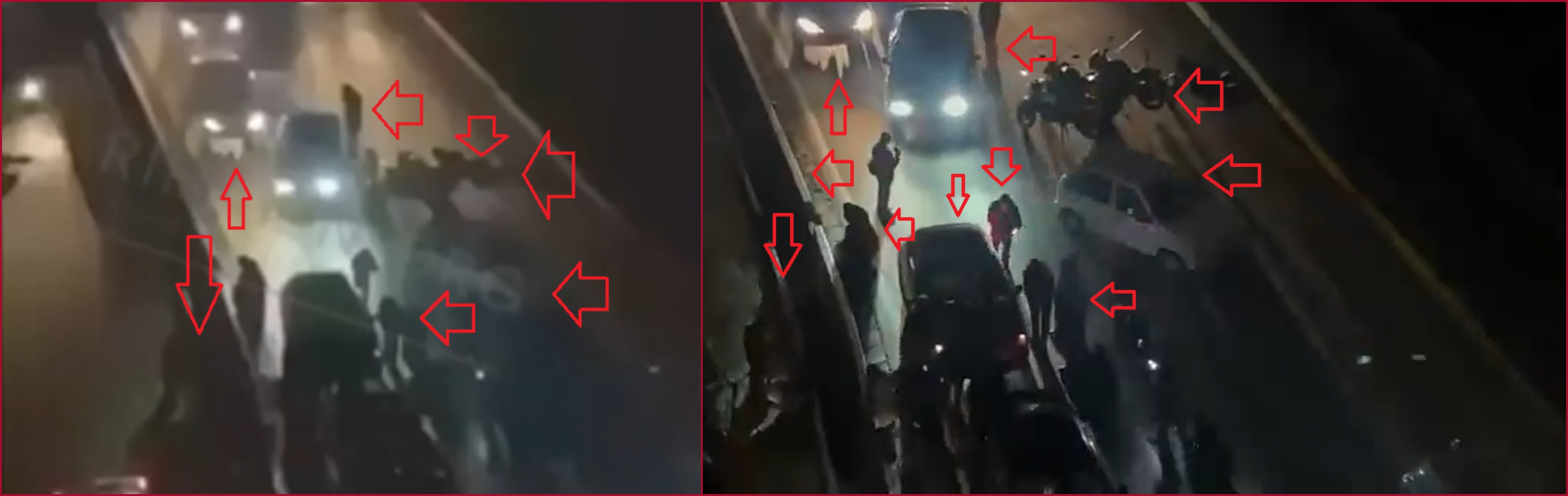 مقارنة بين لقطتين من الفيديو المتناقل (الى اليسار) والفيديو الاصلي (الى اليمين)