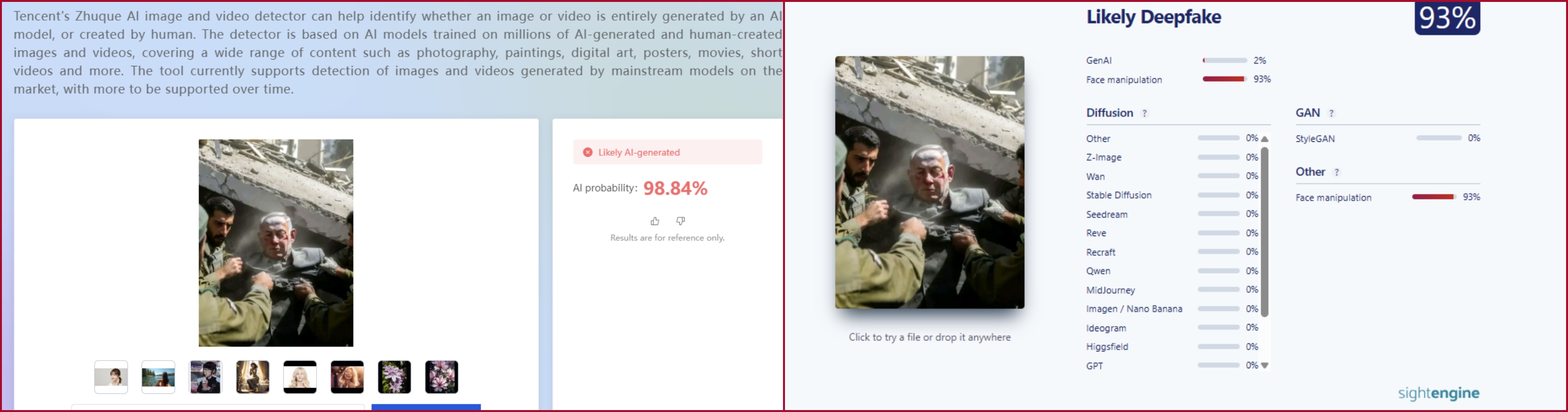 نتيجة فحص الصورة في مواقع متخصصة بكشف التزييف