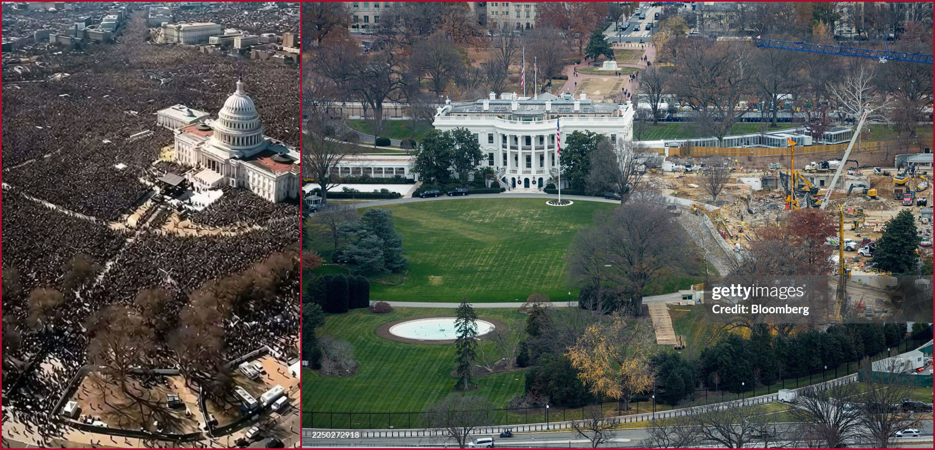 مقارنة بين صورة للبيت الابيض نشرتها وكالة غيتي ايماجيز عام 2025 (الى اليمين) والصورة المتناقلة (الى اليسار)
