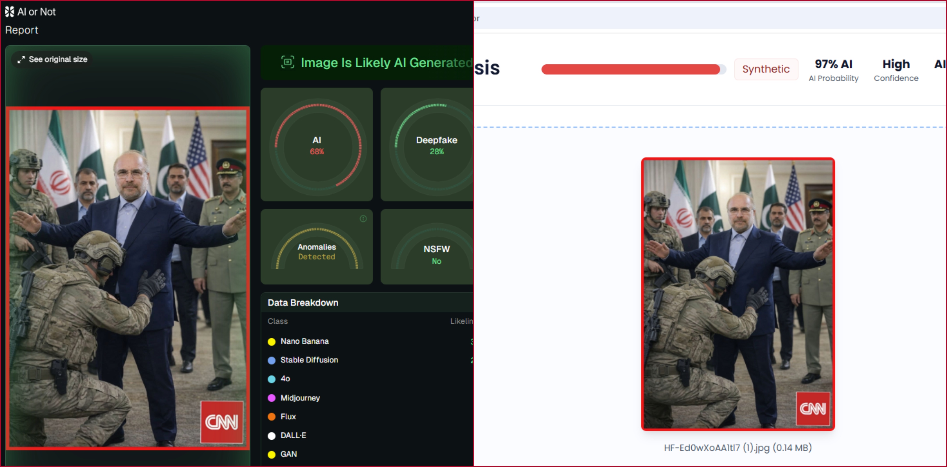 نتيجة فحص الصورة في مواقع متخصصة بكشف التزييف