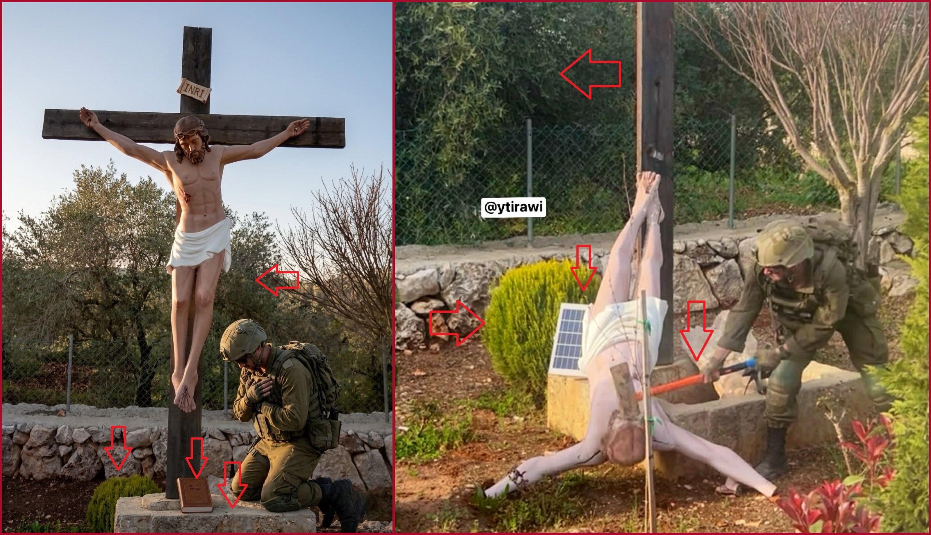 مقارنة بين صورة الجندي محطما الصليب (الى اليمين) وصورة متناقلة (الى اليسار)