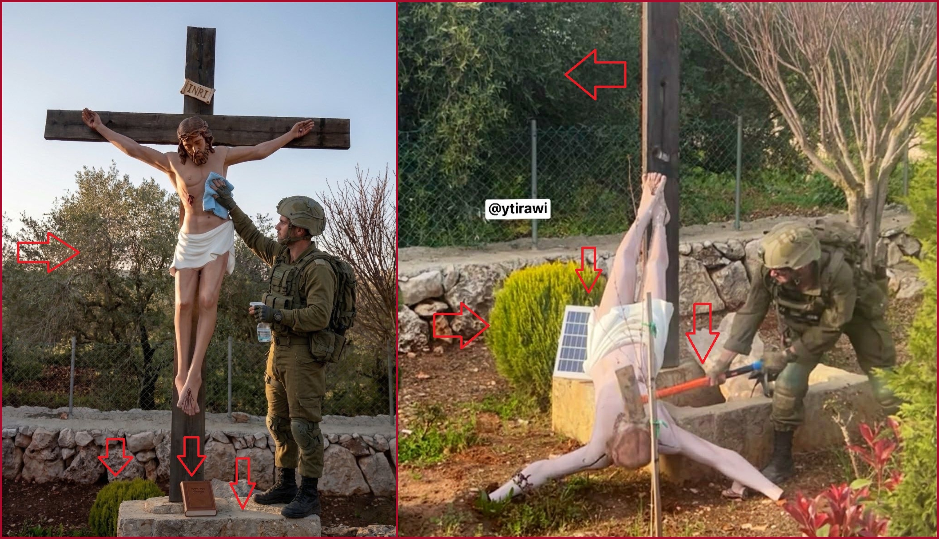 مقارنة بين صورة الجندي محطما الصليب (الى اليمين) وصورة متناقلة (الى اليسار)