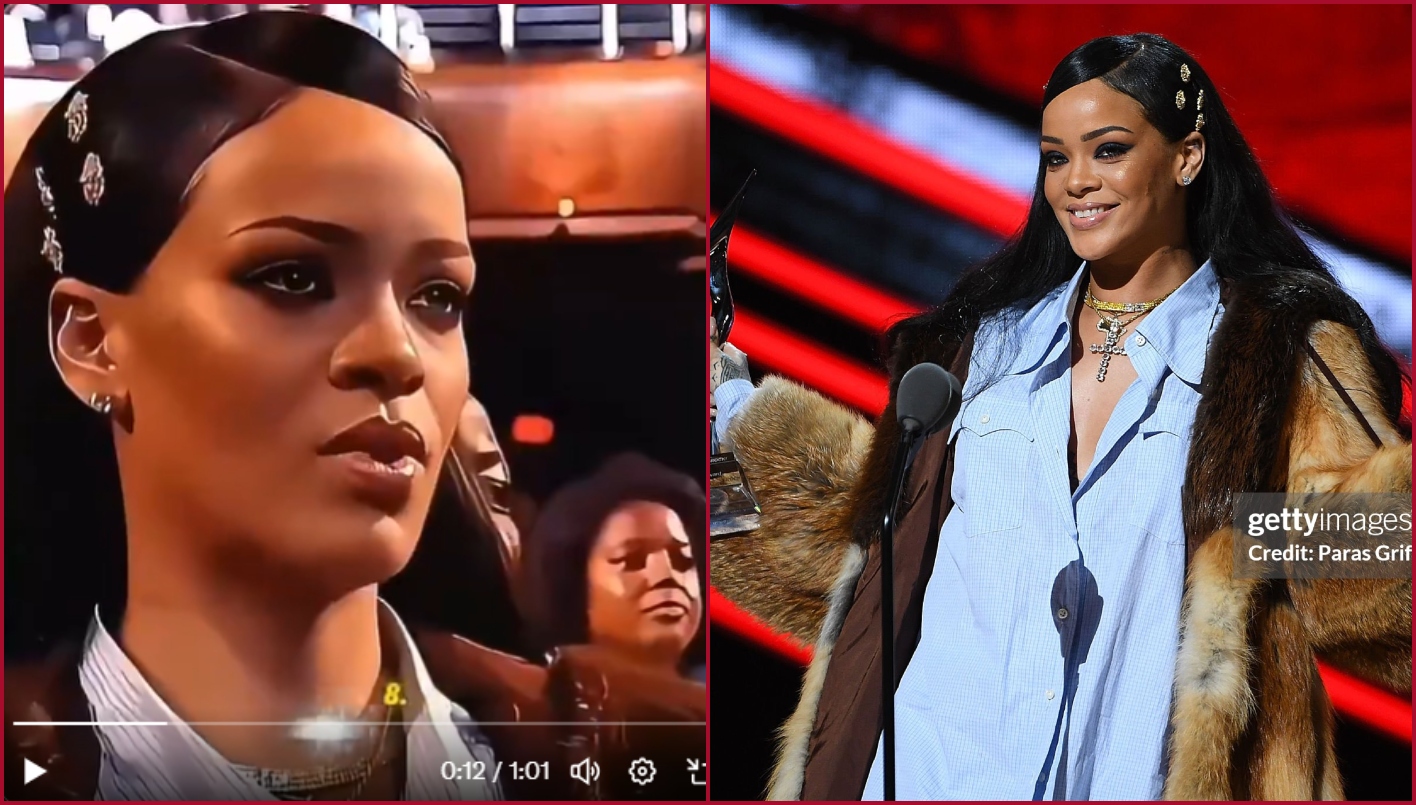 مقارنة بين صورة لريهانا في حفلة بلاك غيرلز روك (الى اليمين- غيتي ايماجيز) ولقطة من الفيديو المتناقل (الى اليسار)