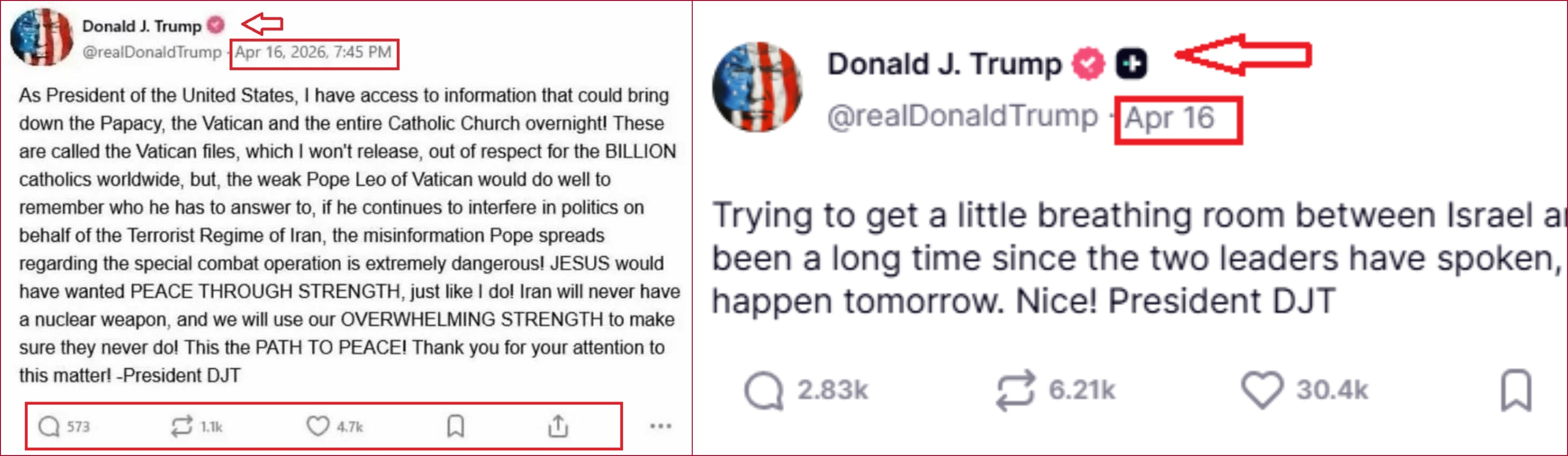 مقارنة بين منشور اصلي لترامب (الى اليمين) والمنشور المتناقل (الى اليسار)