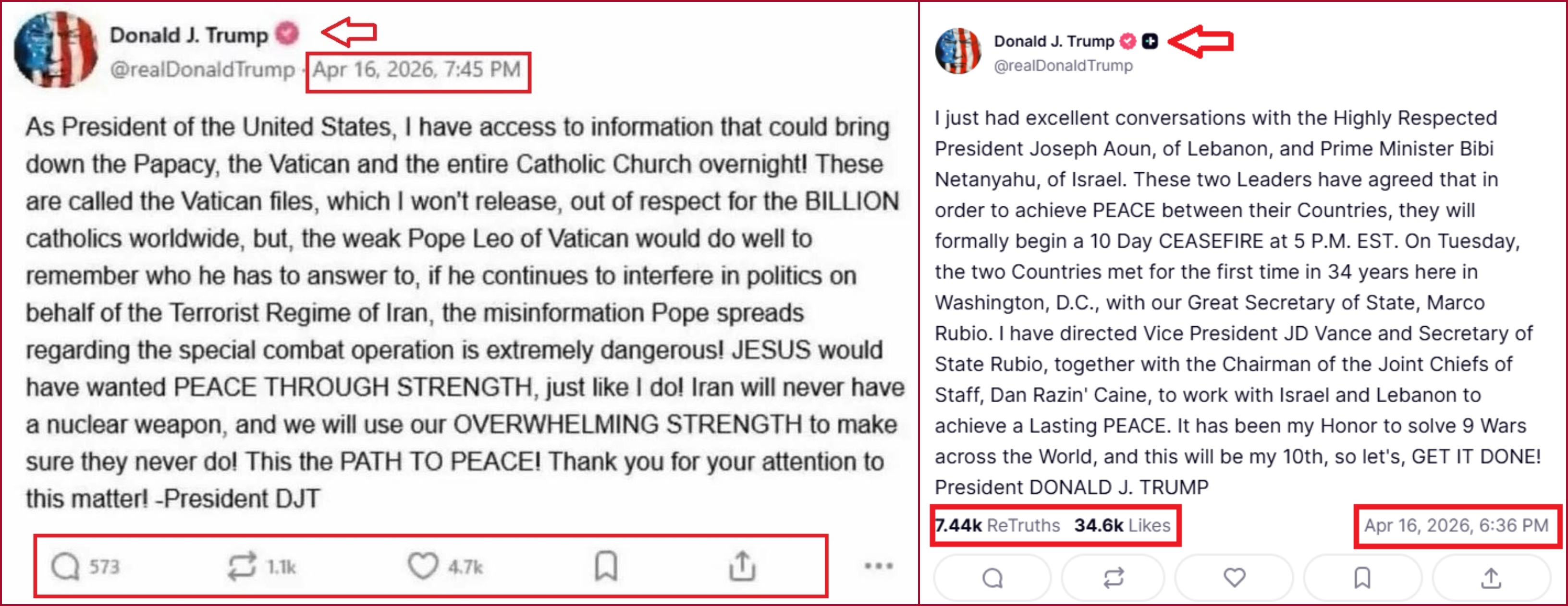 مقارنة بين منشور اصلي لترامب (الى اليمين) والمنشور المتناقل (الى اليسار)