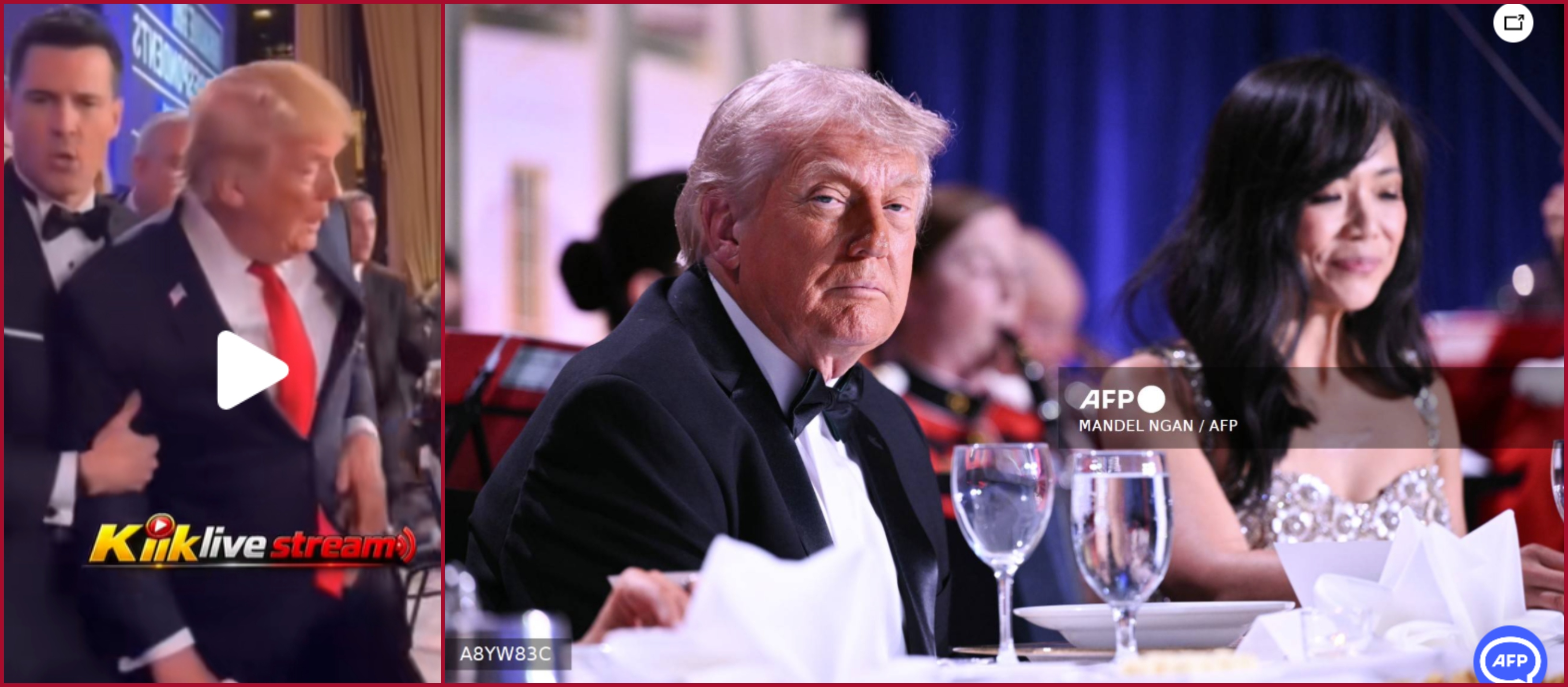 مقارنة بين صورة اصلية لترامب خلال عشاء مراسلي البيت الابيض نشرتها وكالة فرانس برس في 25 نيسان 2026 (الى اليمين)، ولقطة من الفيديو المتناقل (الى اليسار)