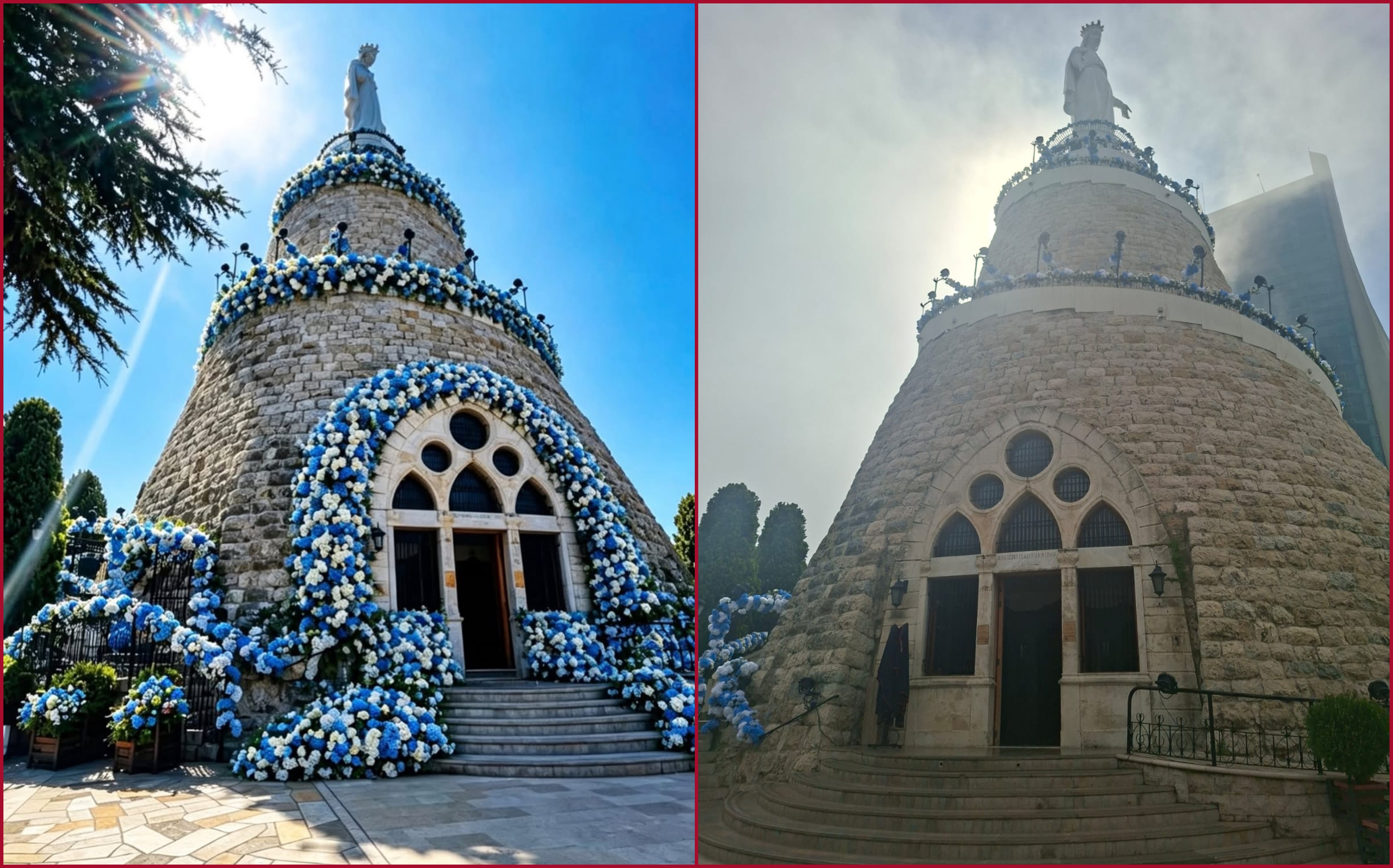 مقارنة بين صورة حقيقية حصلت عليها النهار من المزار قبل ظهر اليوم (الى اليمين)، والصورة المتناقلة (الى اليسار)