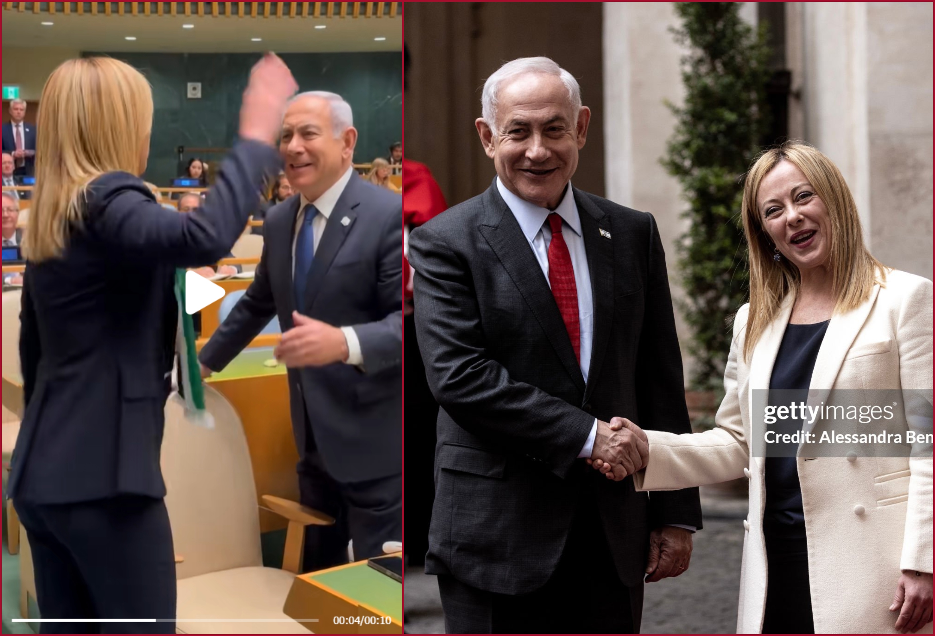 مقارنة بين صورة حقيقية لميلوني ونتنياهو (غيتي ايماجيز- الى اليمين) ولقطة من الفيديو (الى اليسار)