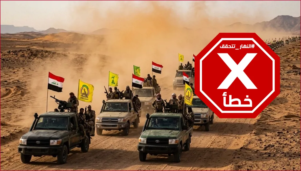 صورة لدخول الحشد الشعبي وحزب الله العراقي بادية النجف بحثاً عن القاعدة الإسرائيلية السرية؟ النهار تتحقق FactCheck