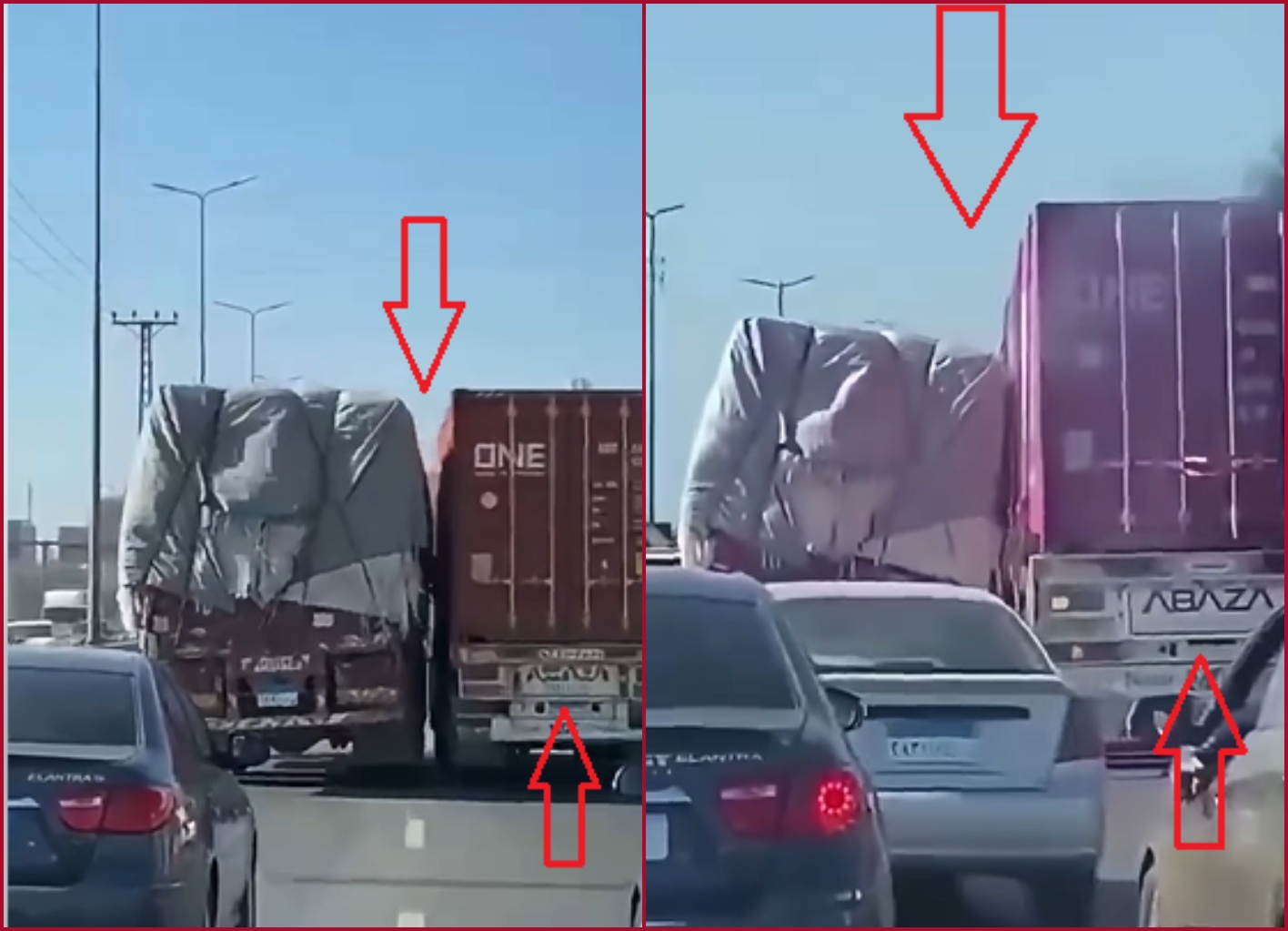 مقارنة بين لقطتين للشاحنتين من الجزئين الاول (الى اليسار) والثاني (الى اليمين) من الفيديو