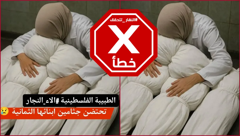 هذه الصورة للطبيبة الفلسطينية آلاء النجار محتضنة جثامين أطفالها بعد مقتلهم مولدة بالذكاء الاصطناعي FactCheck#