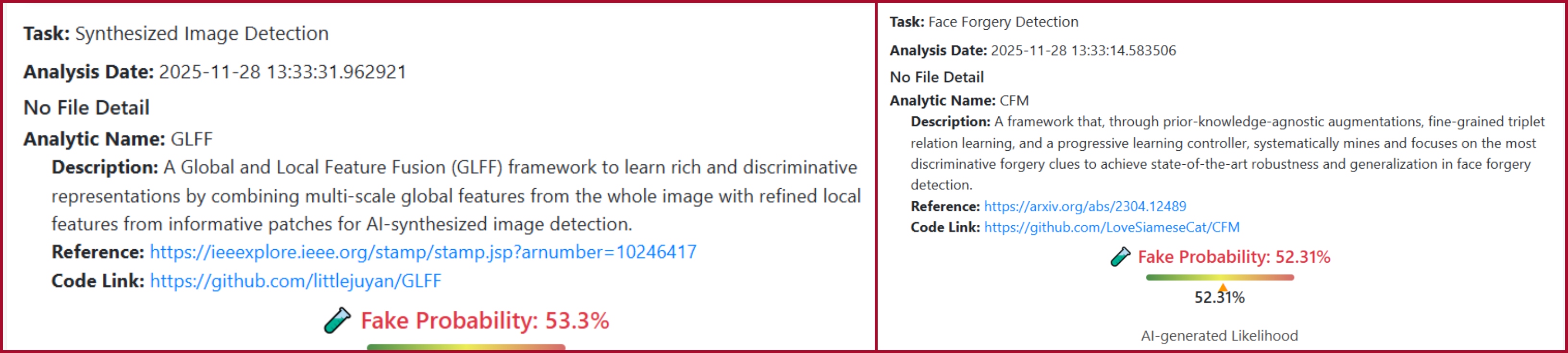 نتيجة فحص الصورة بواسطة برنامج DeepFake-O-Meter