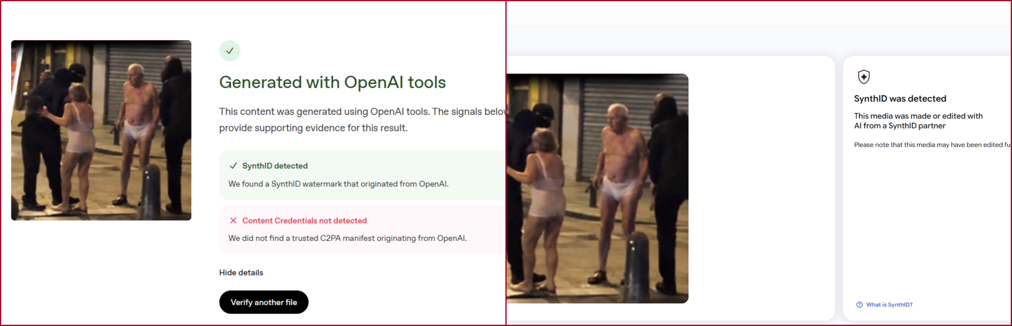 نتيجة تحليل الصورة بواسطة أداة OpenAI ومنصة SynthID للتحقق