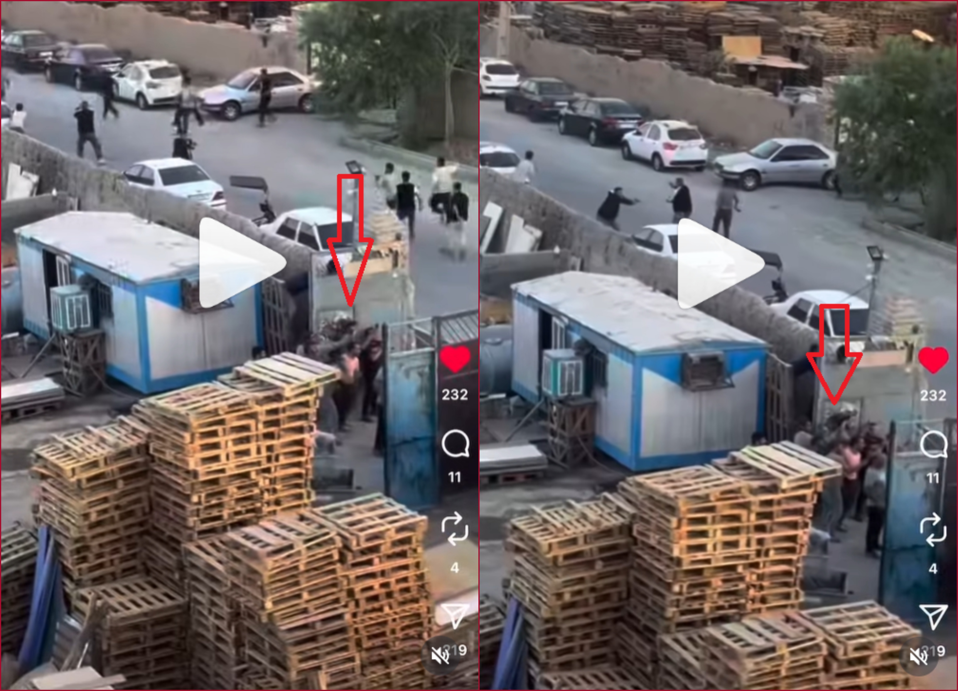 لقطتان من الفيديو تظهر اشخاصا تجمعوا الى جانب الطريق 