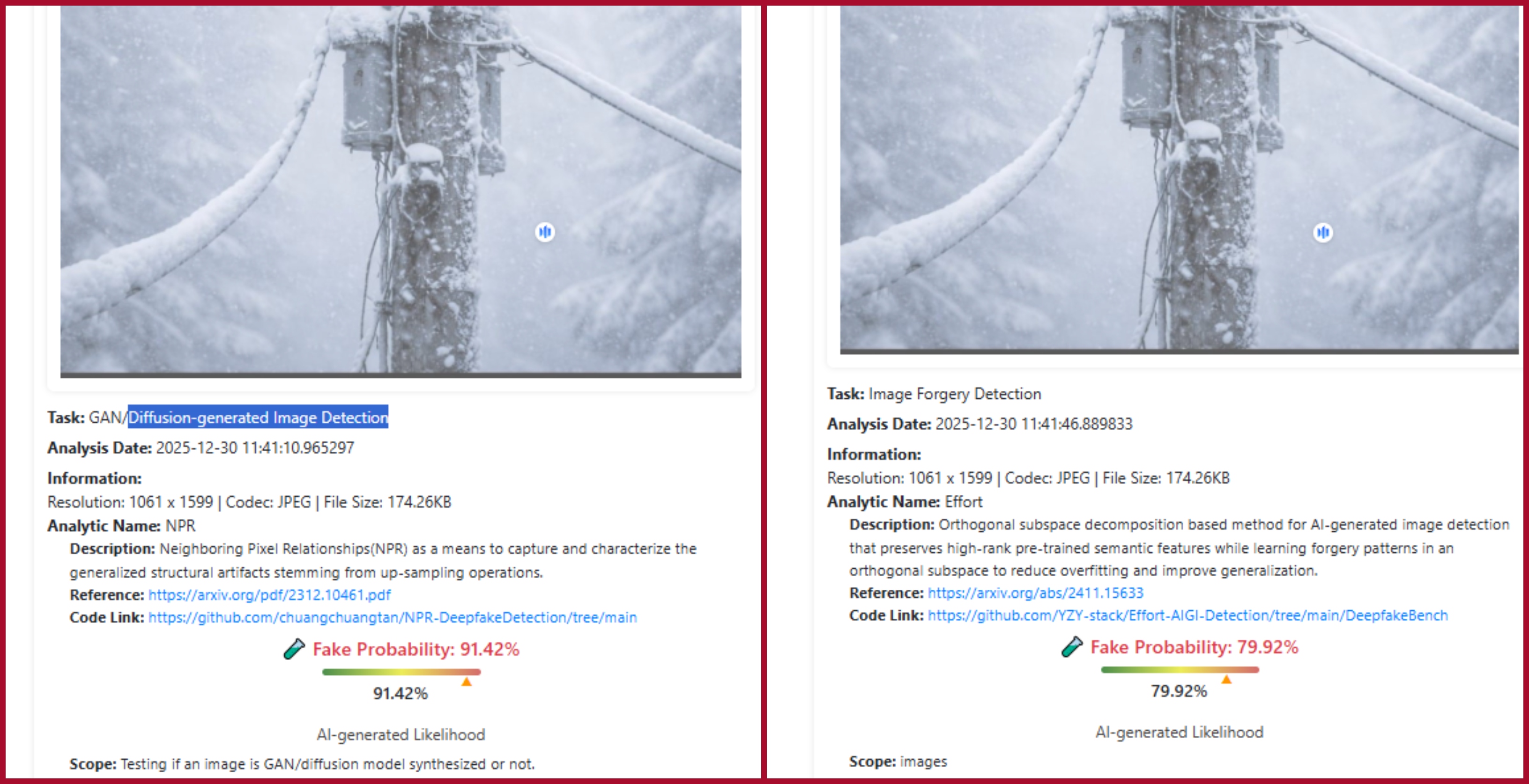 نتيجة فحص الصورة بواسطة برنامج DeepFake-O-Meter