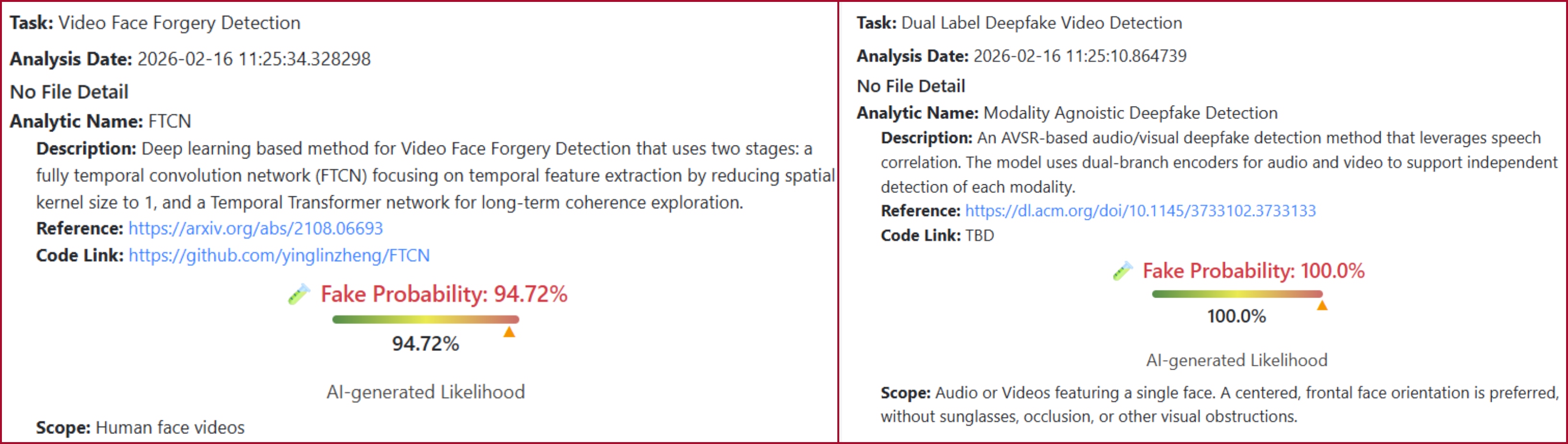 نتجة تحليل الفيديو بواسطة برنامج DeepFake-O-Meter