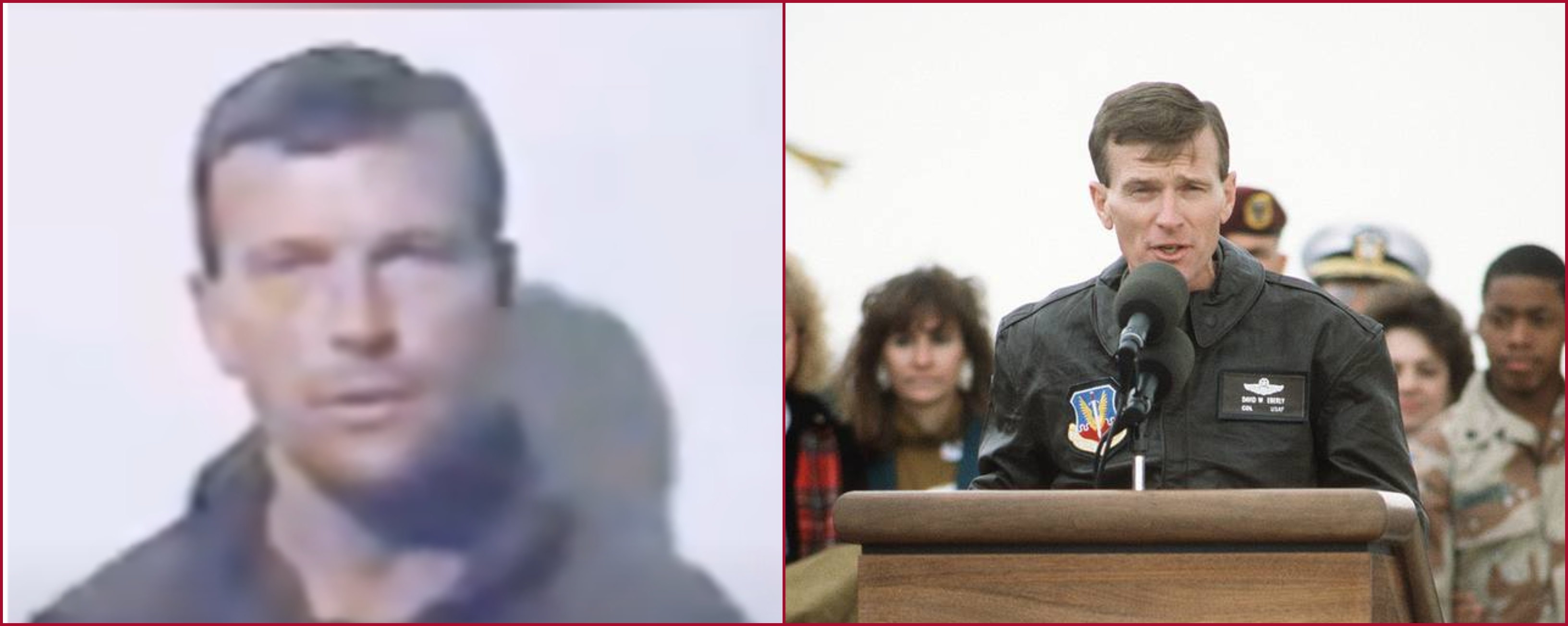 مقارنة بين صورة لايبرلي متكلما خلال احتفال بعد اطلاقه، في 10 آذار 1991 (الى اليمين)، ولقطة من الفيديو (الى اليسار)