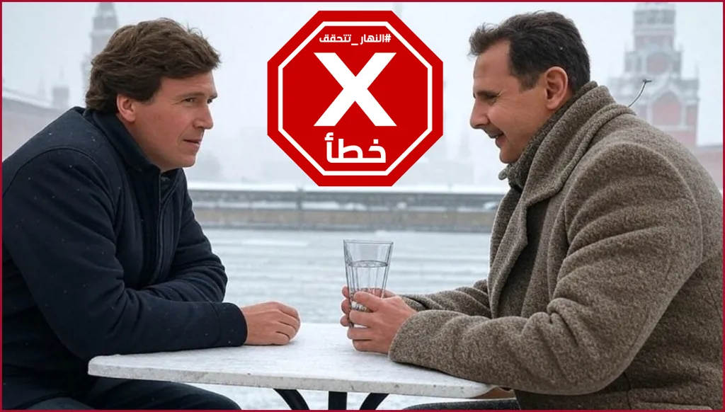 هذه الصورة لبشار الأسد والمذيع الأميركي تاكر كارسلون غير حقيقية FactCheck#