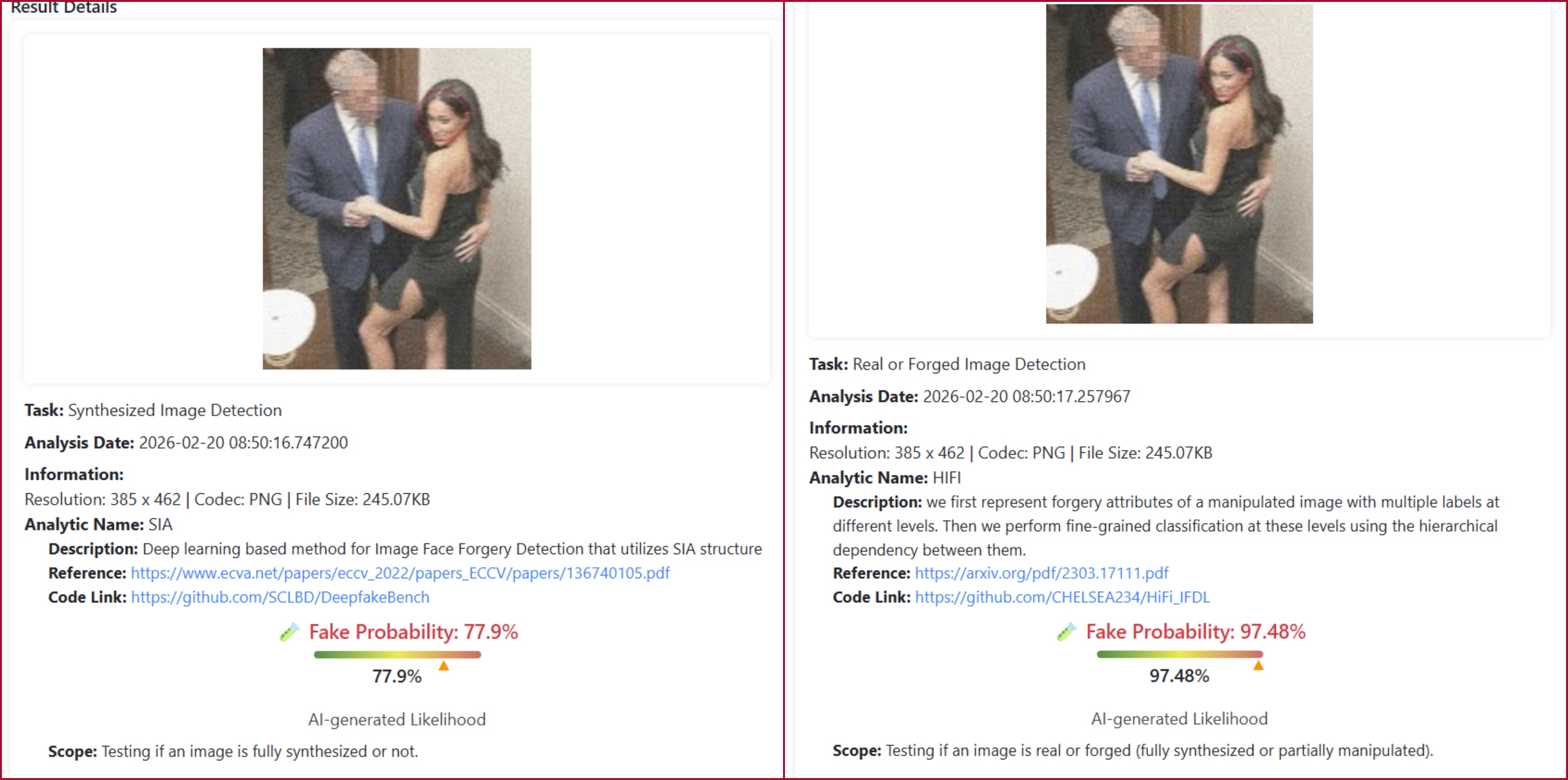 نتيجة فحص الفيديو بواسطة برنامج DeepFake-O-Meter