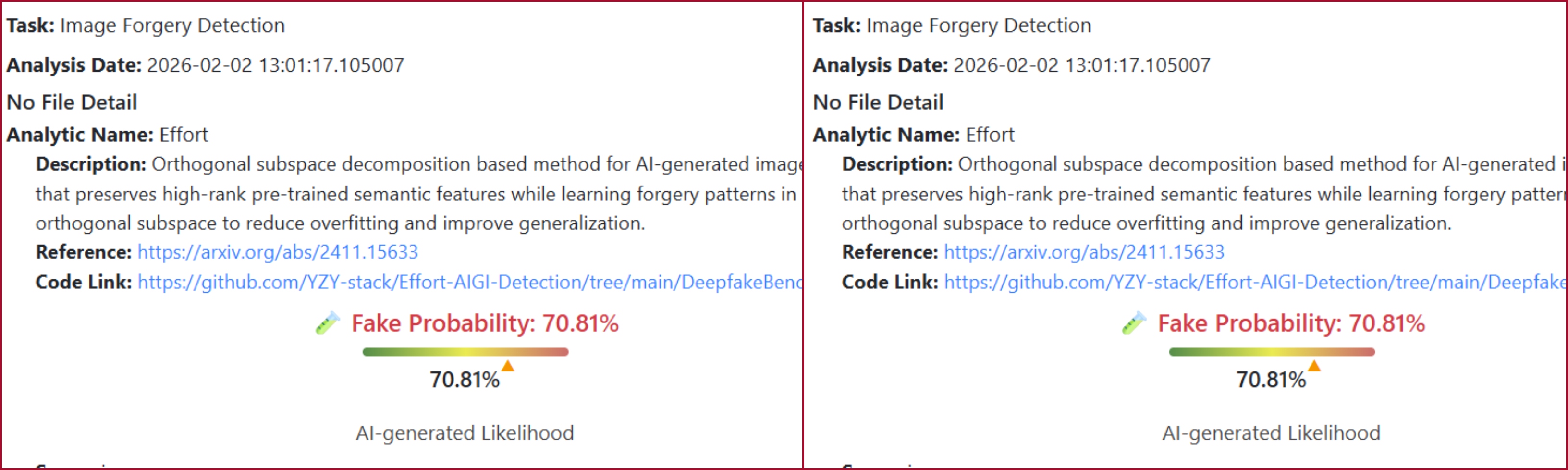 نتيجة فحص الصورة بواسطة برنامج DeepFake-O-Meter