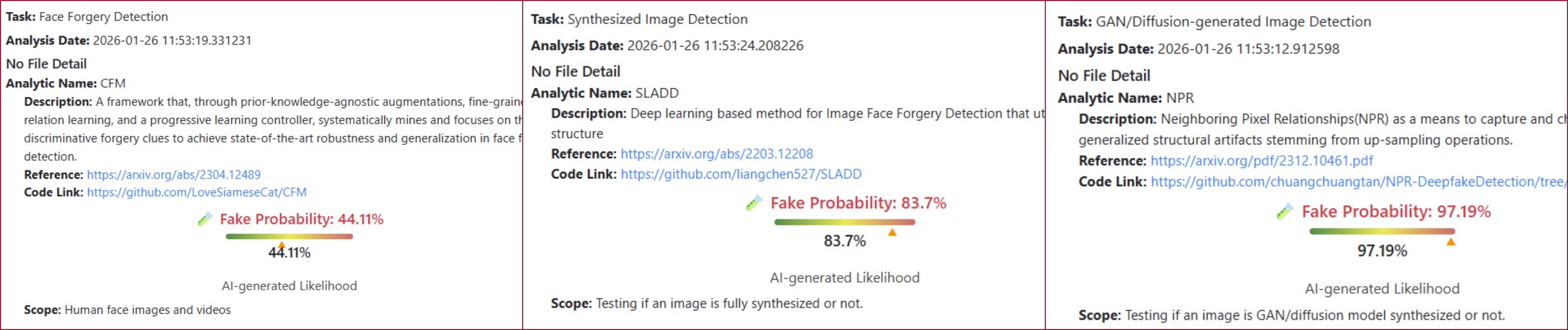 نتيجة فحص الصورة بواسطة برنامج DeepFake-O-Meter