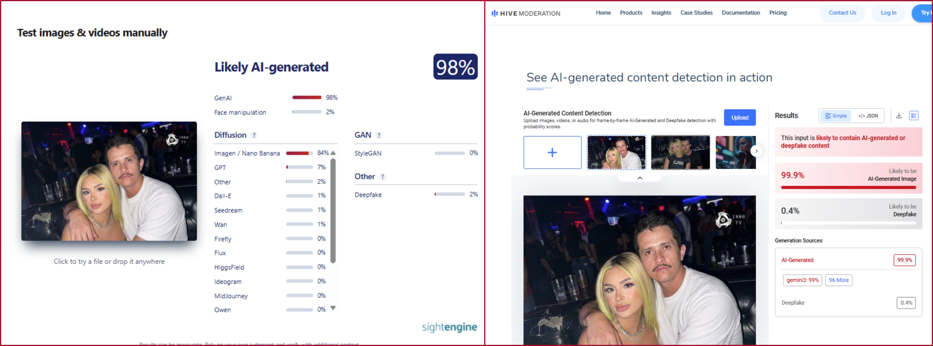نتيجة فحص الصورة في مواقع متخصصة بكشف التزييف