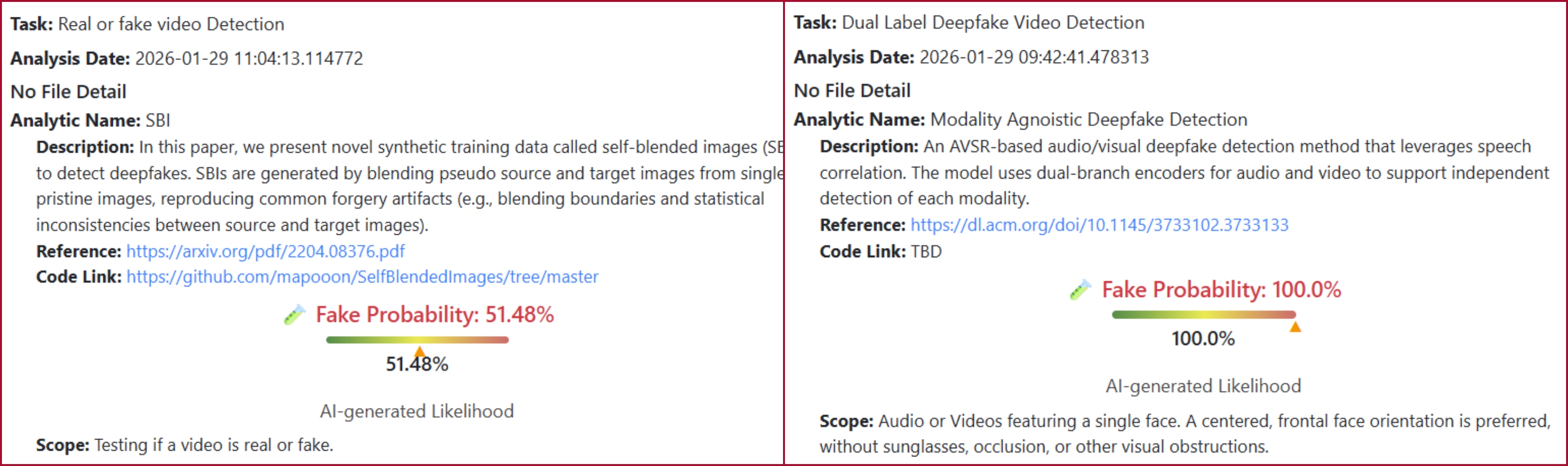 نتيجة تحليل الفيديو بواسطة برنامج DeepFake-O-Meter
