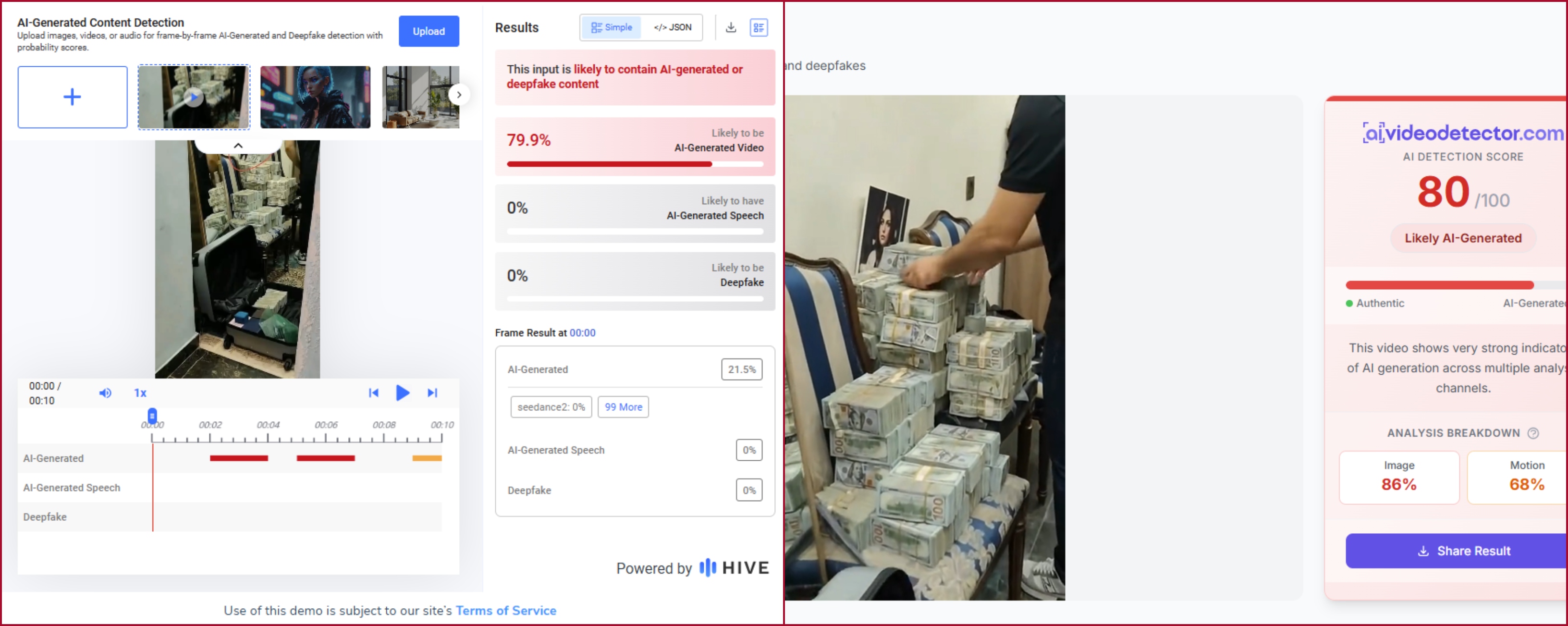 نتيجة فحص الفيديو في مواقع متخصصة بكشف التزييف