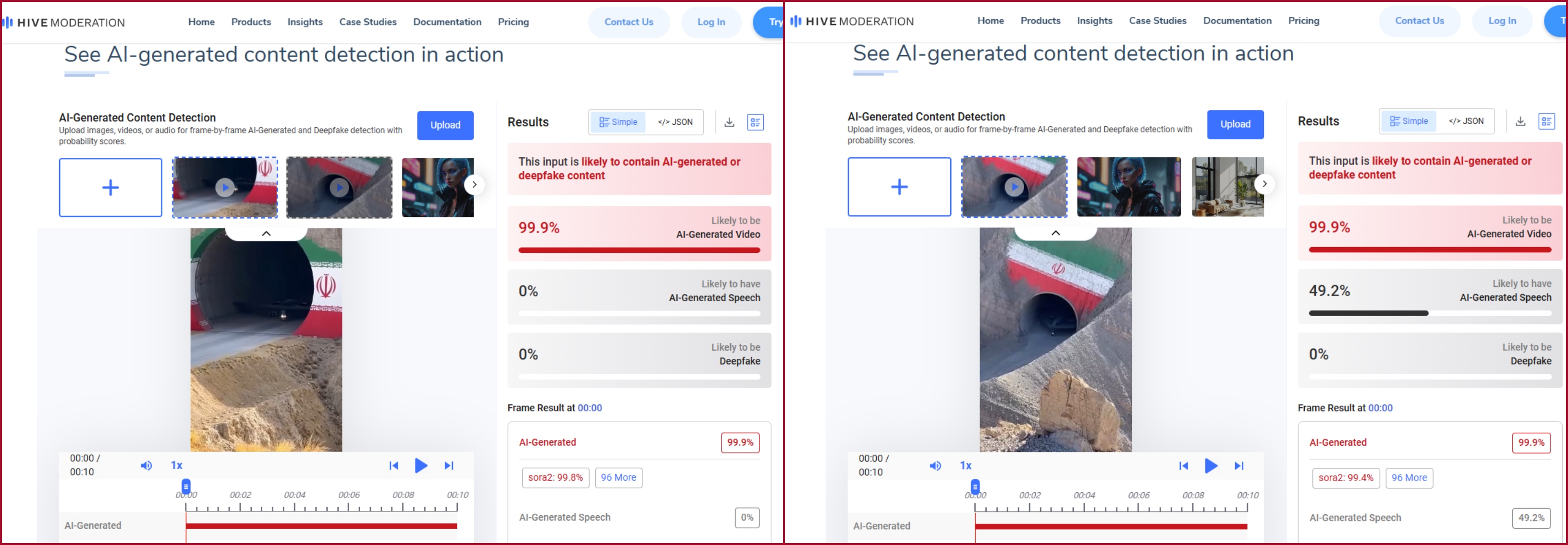 نتيجة فحص الفيديوين في موقع Hive Moderation