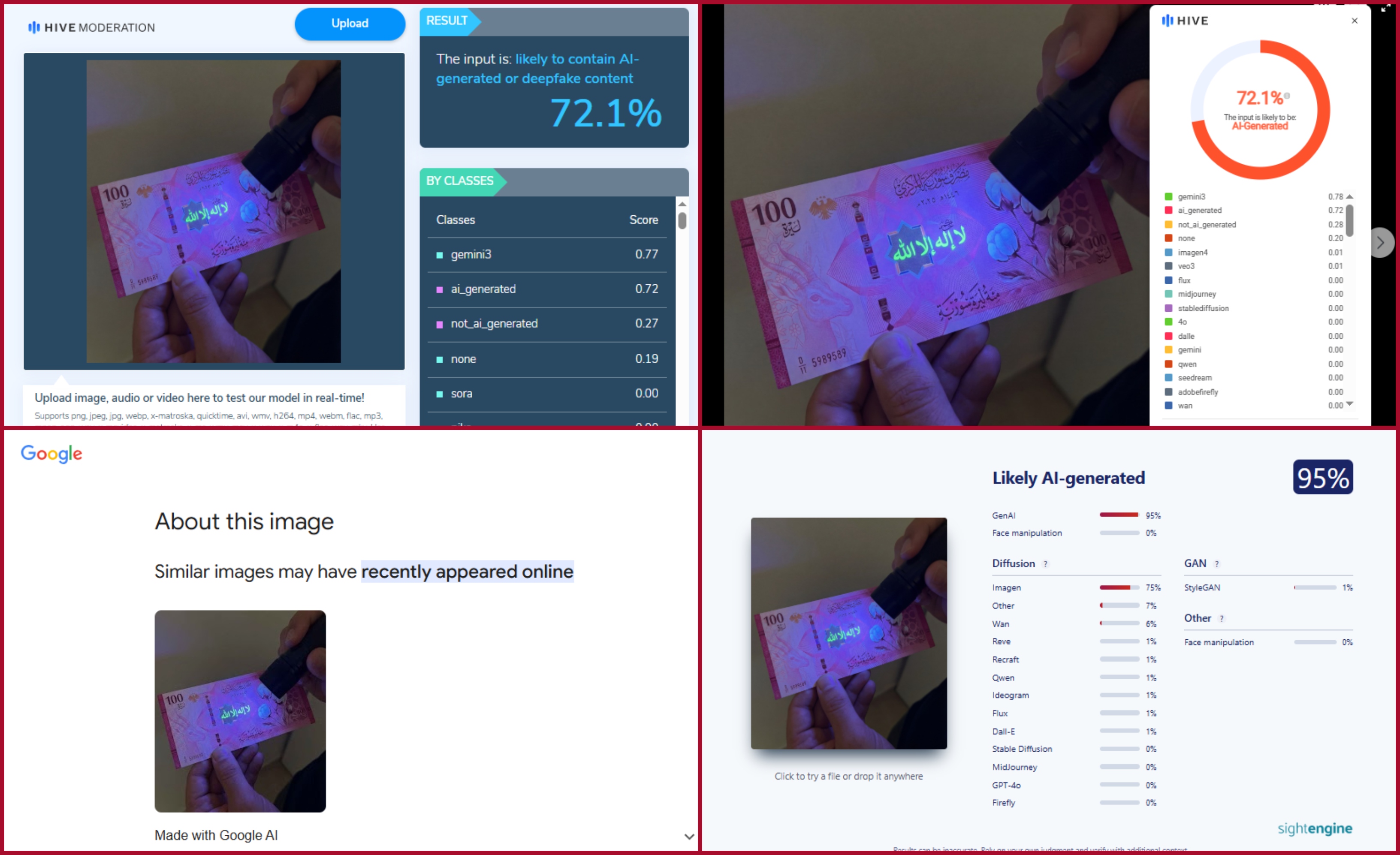 نتيجة فحص الصورة في مواقع متخصصة بكشف التزييف