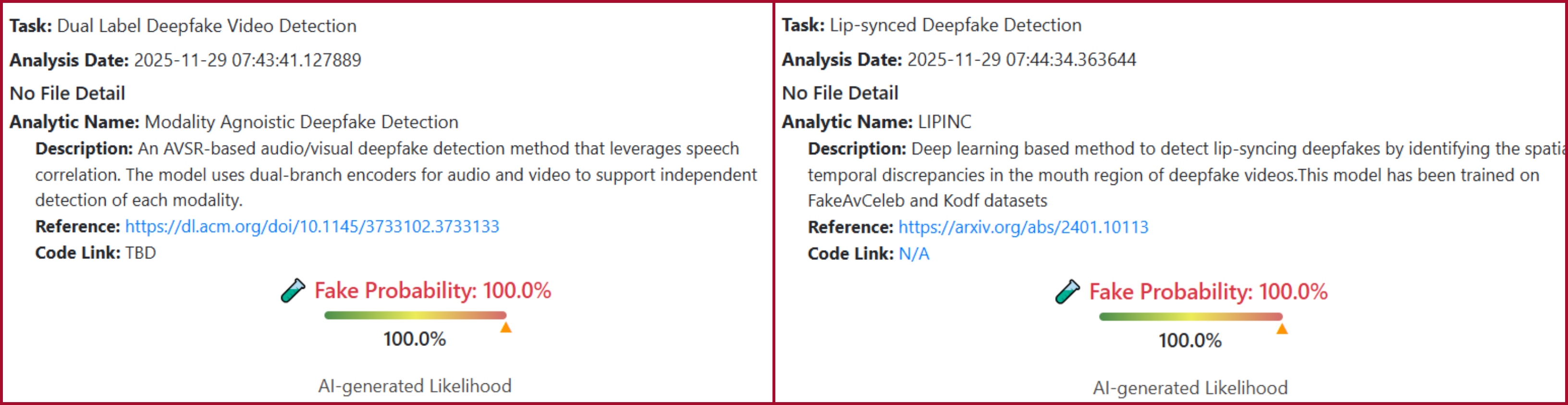 نتيجة فحص الفيديو بواسطة برنامج DeepFake-O-Meter