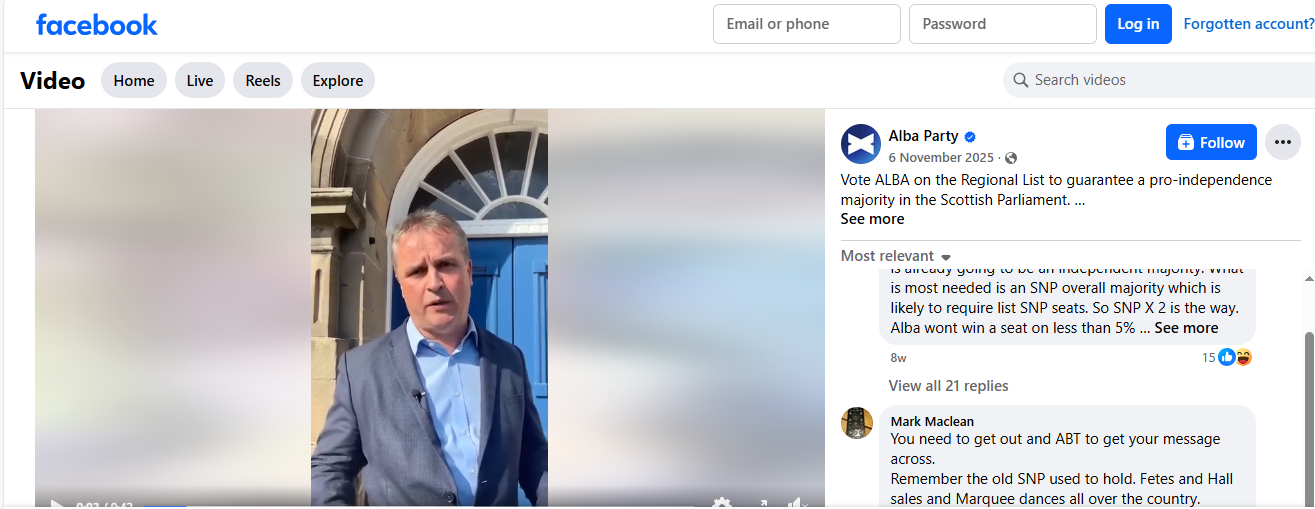 ماكنيل يظهر في فيديو للدعوة الى التصويت لتحالف ألبا في القائمة الإقليمية لضمان أغلبية مؤيدة للاستقلال في البرلمان الاسكتلندي (صفحة حزب البا في الفايسبوك، 6 ت2 2025)