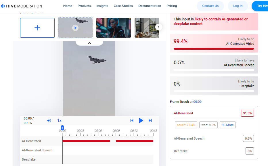 نتيجة فحص الفيديو في موقع Hive Moderation