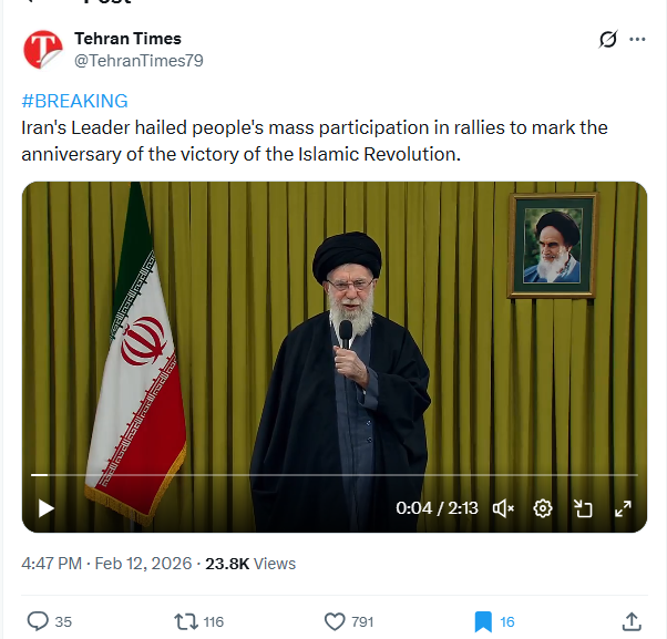 لقطة من الفيديو المنشور في حساب موقع Tehran Times في اكس، في 12 شباط 2026