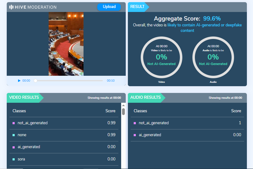 نتيجة فحص الفيديو في موقع Hive Moderation 