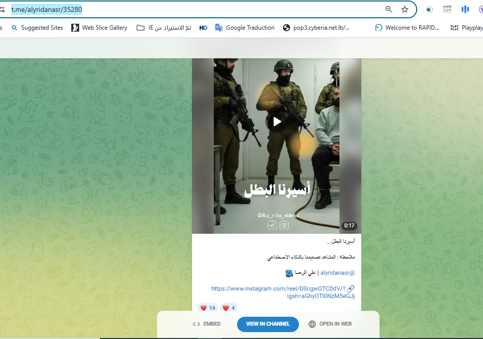 لقطة من الفيديو المنشور في حساب Aly rida videos في تلغرام، في 19 كانون الاول 2025