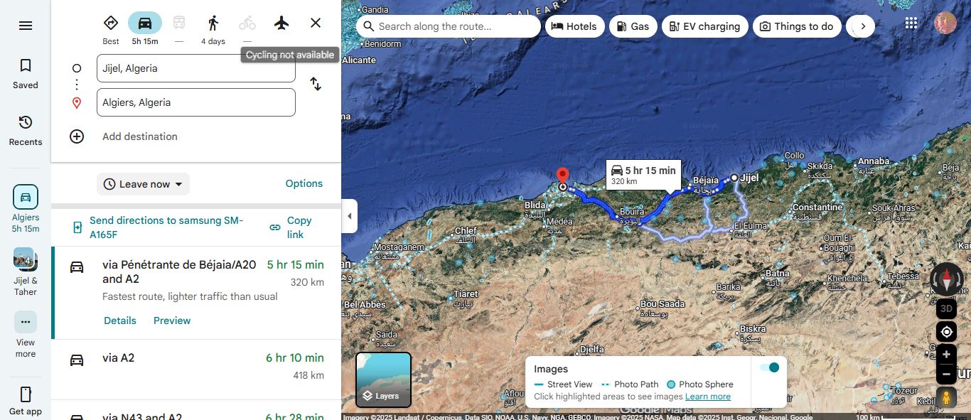 لقطة من خرائط غوغل تظهر المسافة بين جيجل والجزائر العاصمة 