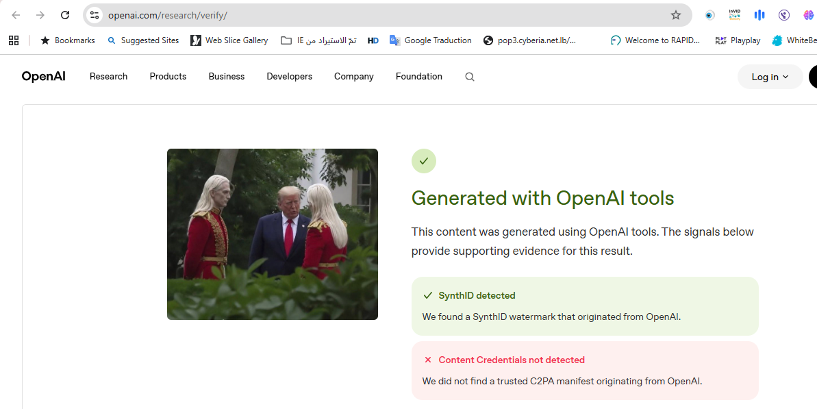 نتيجة تحليل الصورة بواسطة أداة Open AI للتحقق