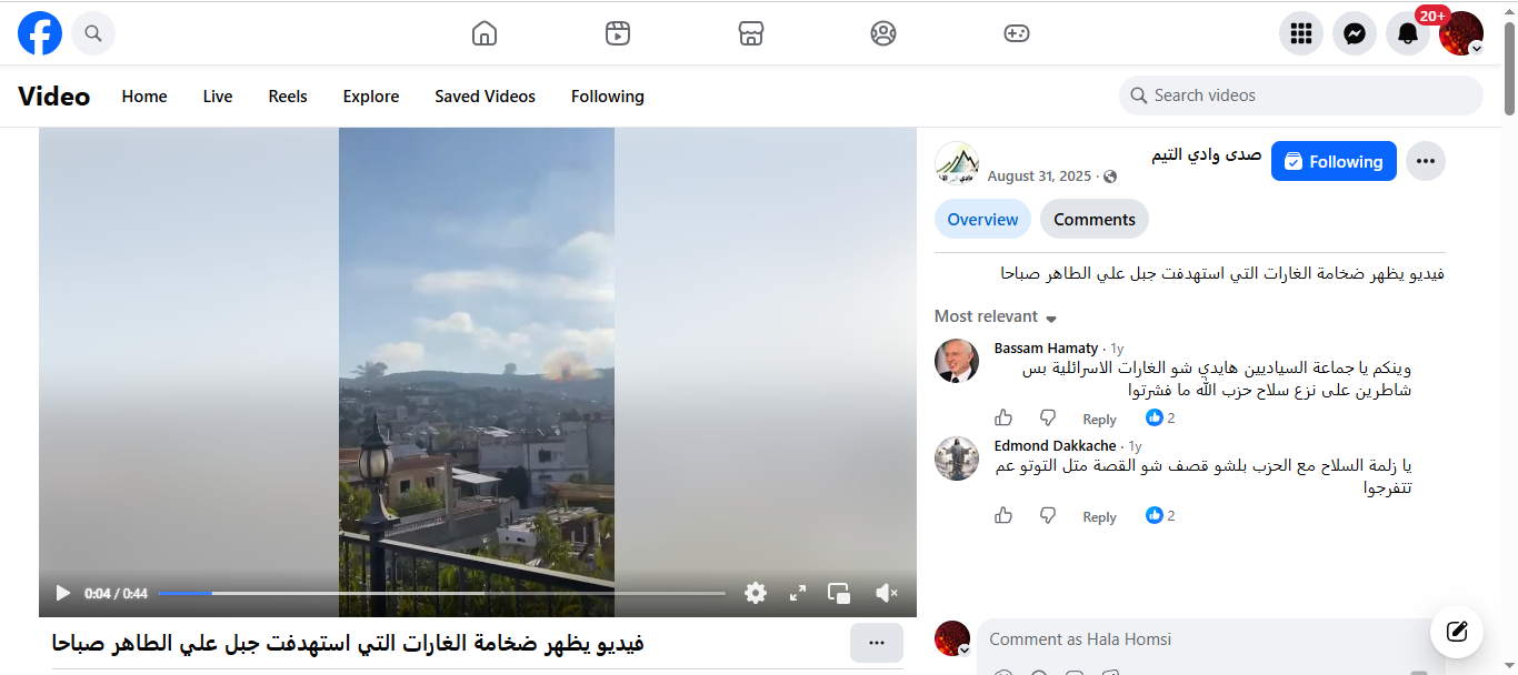 لقطة من الفيديو المنشور في صفحة صدى وادي التيم في الفايسبوك  في 31 آب 2025