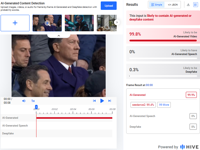 نتيجة فحص الفيديو في موقع Hive Moderation