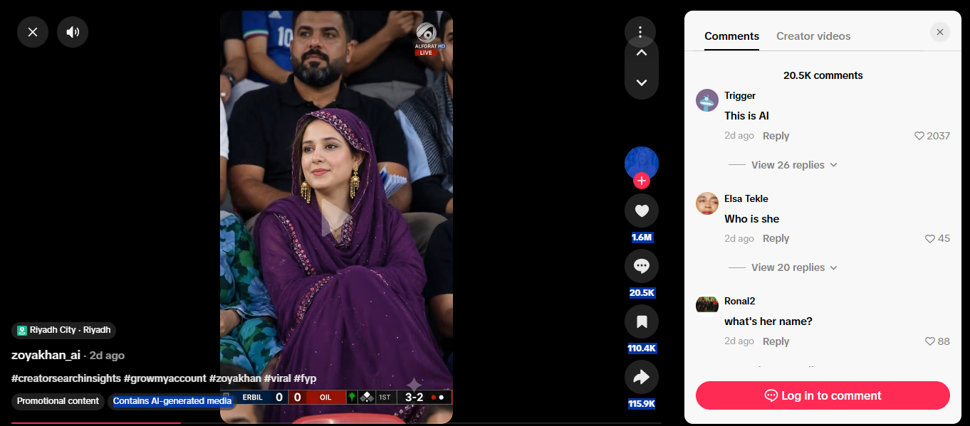لقطة من الفيديو المنشور في حساب zoyakhan_ai@ في تيك توك في 24 حزيران 2026