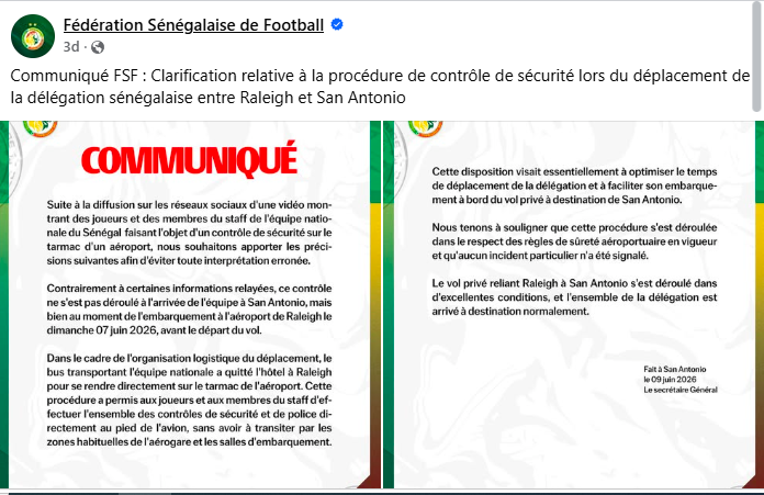 بيان الاتحاد السنغالي لكرة القدم في الفايسبوك