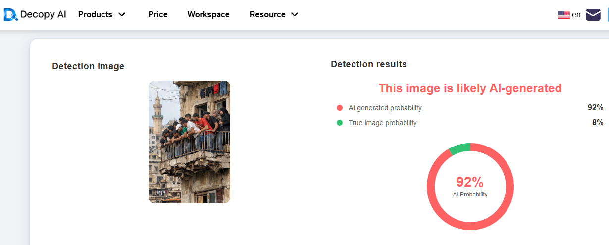 نتيجة فحص الصورة بواسطة مواقع متخصصة بكشف التزييف