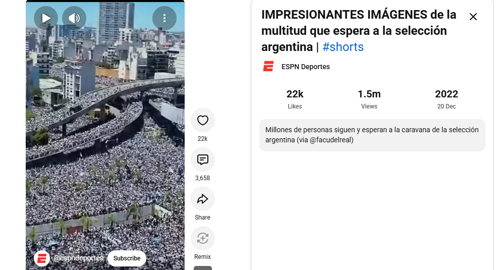 لقطة من الفيديو المنشور في حساب موقع ESPN Deportes في يوتيوب، في 20 كانون الاول 2022، نقلا عن حساب facudelreal@