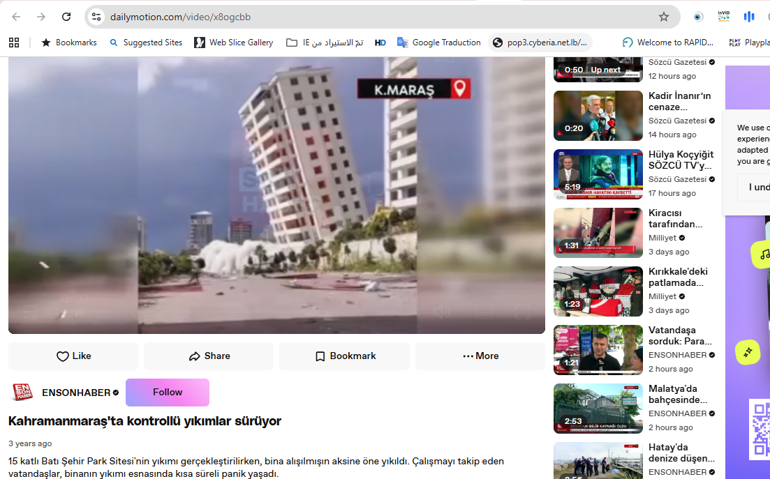 لقطة من الفيديو المنشور في حساب موقع En son haber في Daily Motion  في 1 تشرين الاول 2023