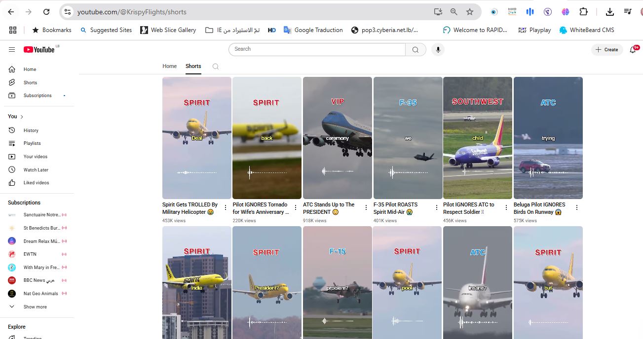 لقطة لقناة KrispyFlights في يوتيوب