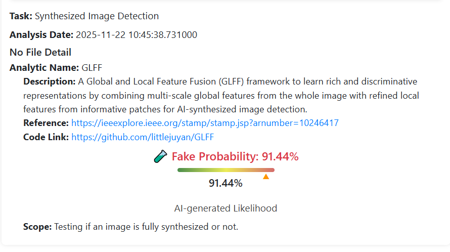 نتيجة فحص الصورة بواسطة برنامج DeepFake-O-Meter