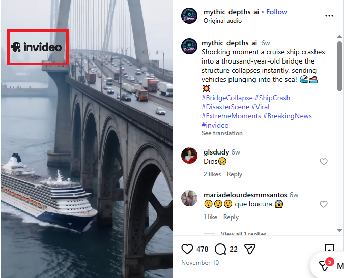 لقطة من الفيديو المنشور في حساب mythic_depths_ai@ في انستغرام، في 10 تشرين الثاني 2025