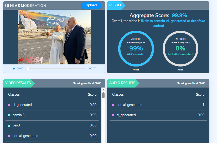 نتيجة فحص الفيديو في موقع Hive Moderation